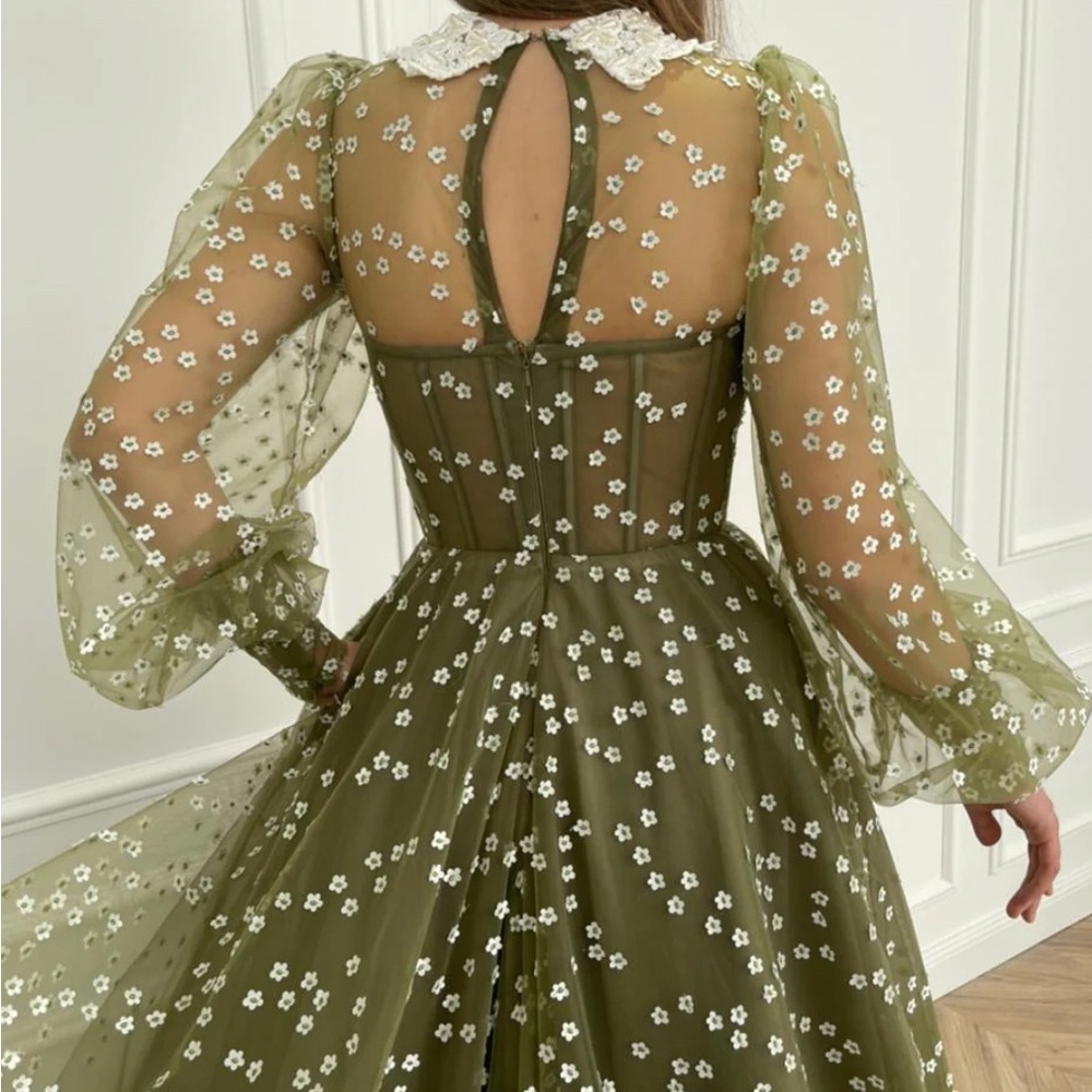 Elegant Olive Green Floral Lace Dress - Picture 6 of 9